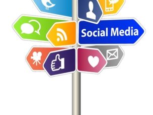 “Social Media” street sign with signs for twitter, messaging, facebook, linkedin, and emailing.