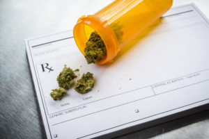 An orange pill tube with medical marijuana spilling out of it on top of a prescription pad.