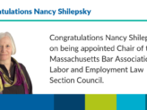 A slide that says "Congratulations Nancy Shilepsky" on her change in position at work, with a photo of Nancy also in the slide.