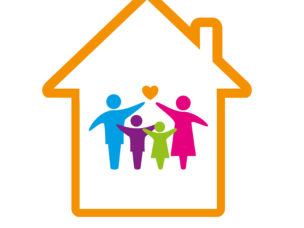 Orange outline of a house with a family inside pointing at a heart above them.