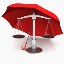 a red umbrella covering a justice scale