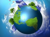 the earth with continents and wind mills and solar panels also clouds going around the earth