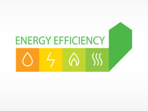 Diagram titled “Energy Efficiency” with water droplet, lightning bolt, fire, and heat wave tiles.