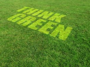 "think green" text on green lawn