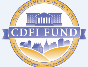 yellow and purple circle with court house in the middle with the words "CDFI FUND, U.S. Department of the treasury, community development financial institution fund"