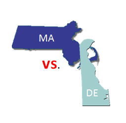 The outline of Massachusetts and the outline of Delaware separated by “versus”.