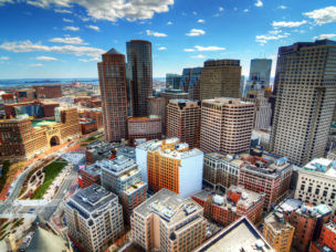 view of boston city skyline from a high vantage point