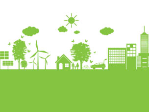 green skyline showing solar panels, wind turbines, and buildings