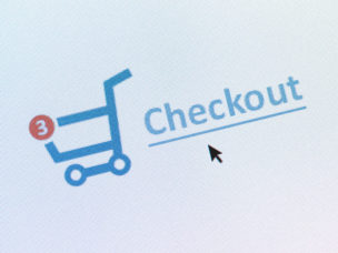 cartoon shopping cart with a red dot that has the number 3 in it and the word "checkout" next to the cart