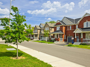 houses that look the same on a street with a tree in front and green grass also a blue sky in the background