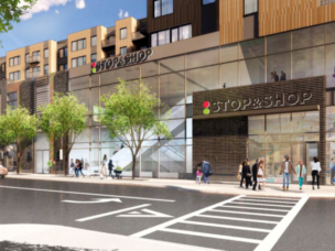 Architect rendering from BPDA of front of proposed Building A of Allston Yards from street view showing entrance to Stop & Shop