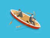 Two businessmen in are sitting the same boat try to move it in the different directions. Shows the conflict within the picture.