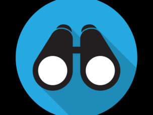 A blue circle with binoculars on a black background.