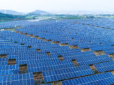Solar farm, solar panels aerial view